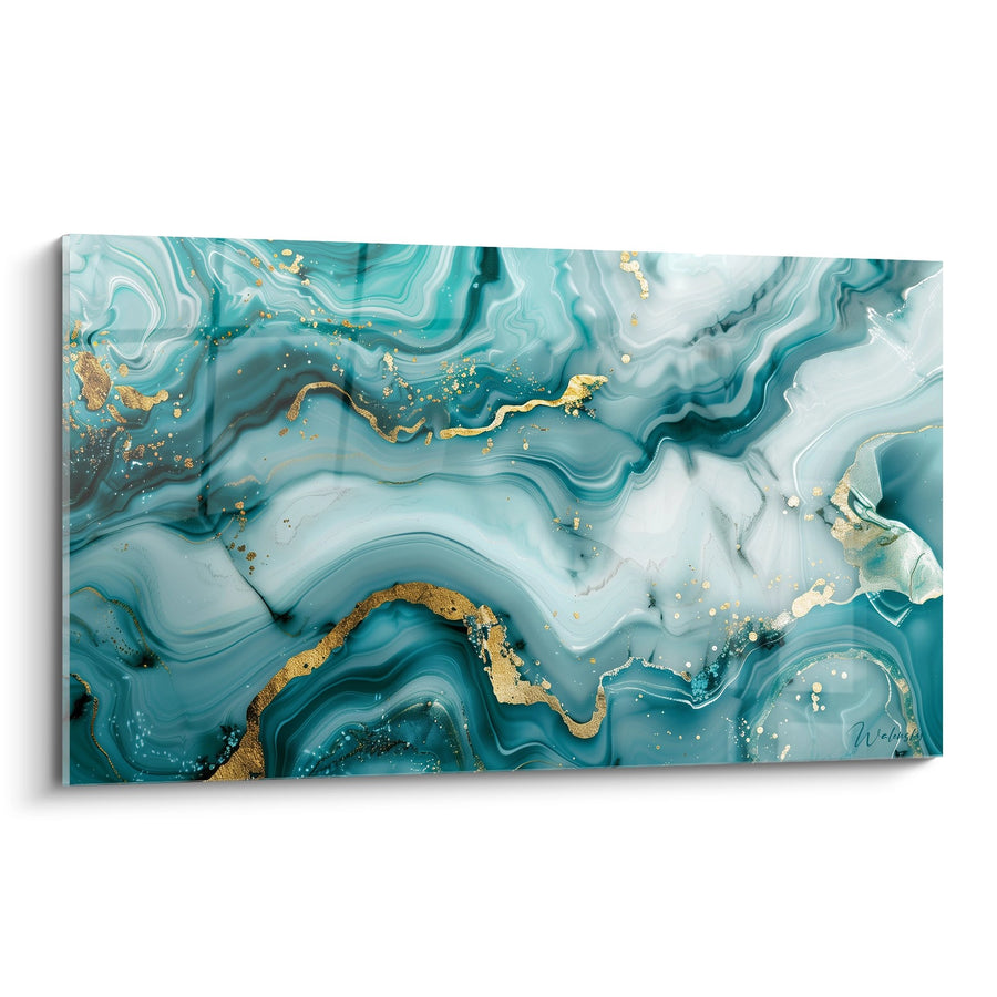Tableau tourbillons turquoise et or avec veines dorées fluides - Majesté Océanique - Edition Abstrait marbre bleu