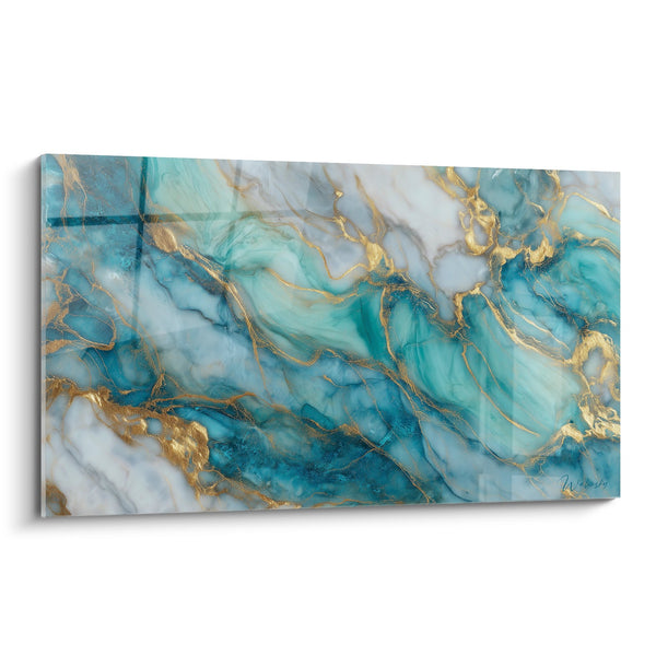 Schilderij met turkoois en goud nuances met vloeiende gouden aderen - Marine Elegantie - Abstracte marmer blauwe editie