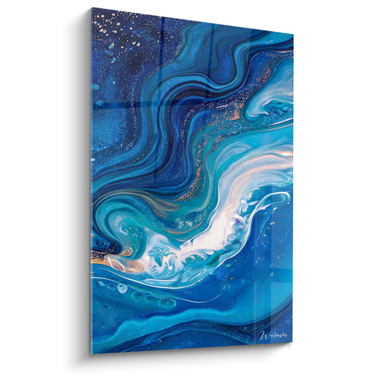 Tableau Vague de marbre bleu et blanc écumante - Spirale de bulles argentées - Edition Abstrait marbre bleu
