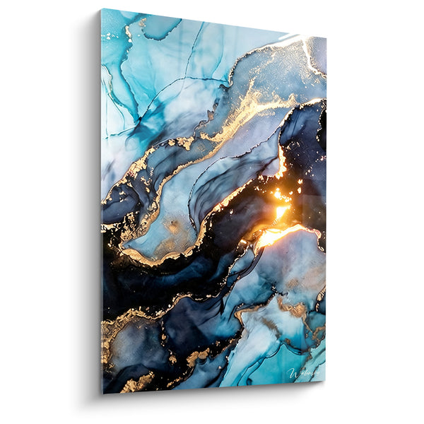 Tableau Veines dorées sur marbre bleu nuit - Lueur souterraine - Edition Abstrait marbre bleu