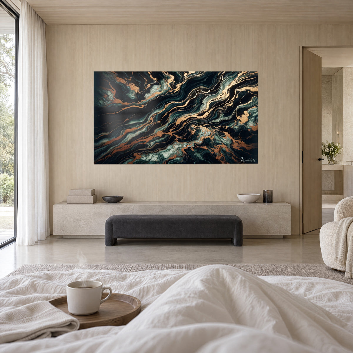 Wall art with copper and gold metallic pours on a black background, verdigris bands, person seen from behind, above a bed in a bright bedroom
