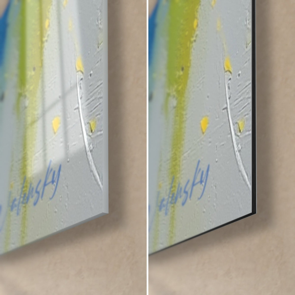 Wall art with abstract painting of yellow drops, bottom right corner: glossy acrylic glass on the left, matte Dibond aluminium on the right