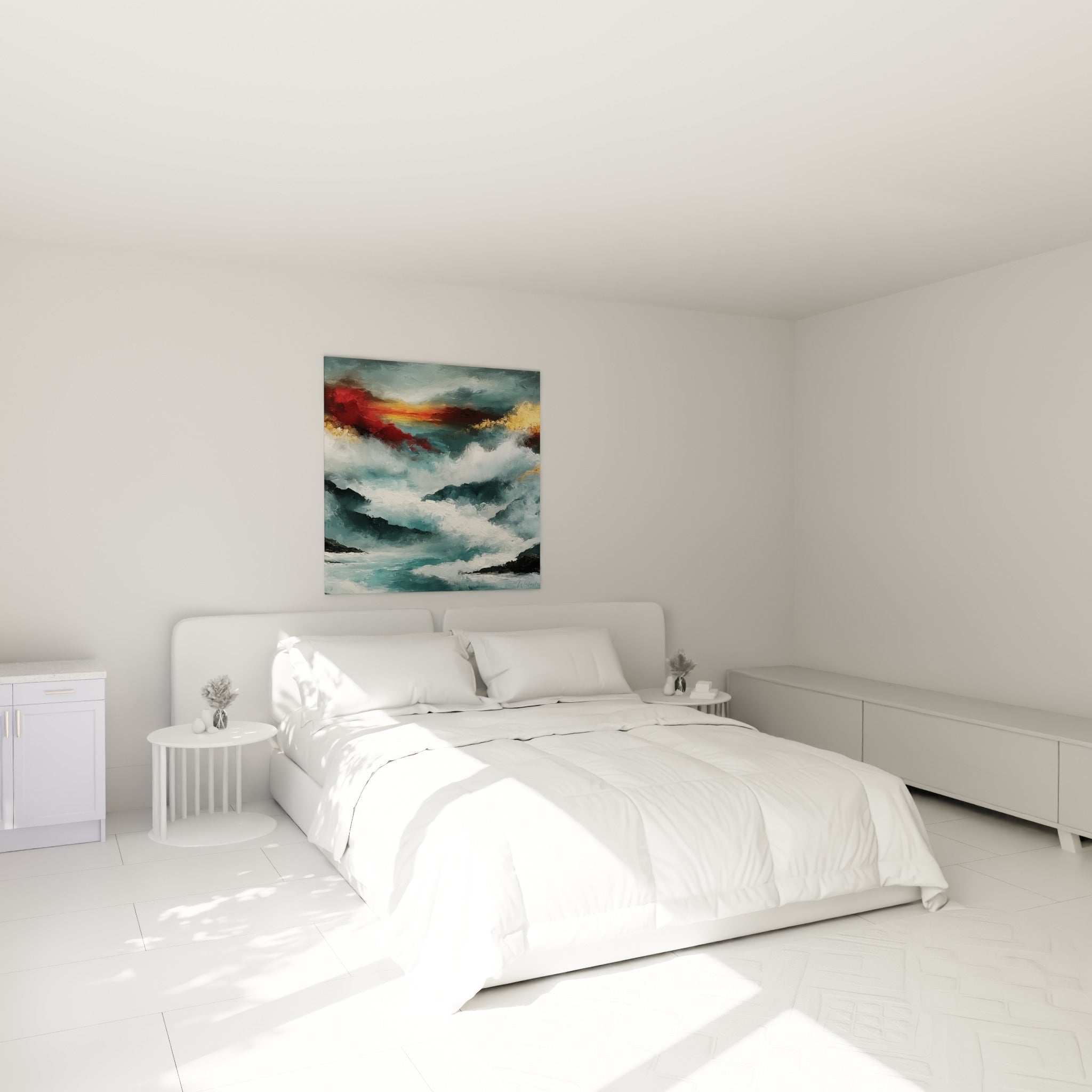 Mer déchaînée aux tons bleu sarcelle et rouge crépuscule accrochée au-dessus d'un lit dans une chambre claire