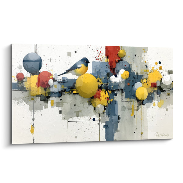Tableau Mésange jaune parmi sphères bleu marine - Équilibre suspendu - Edition style Peinture abstrait