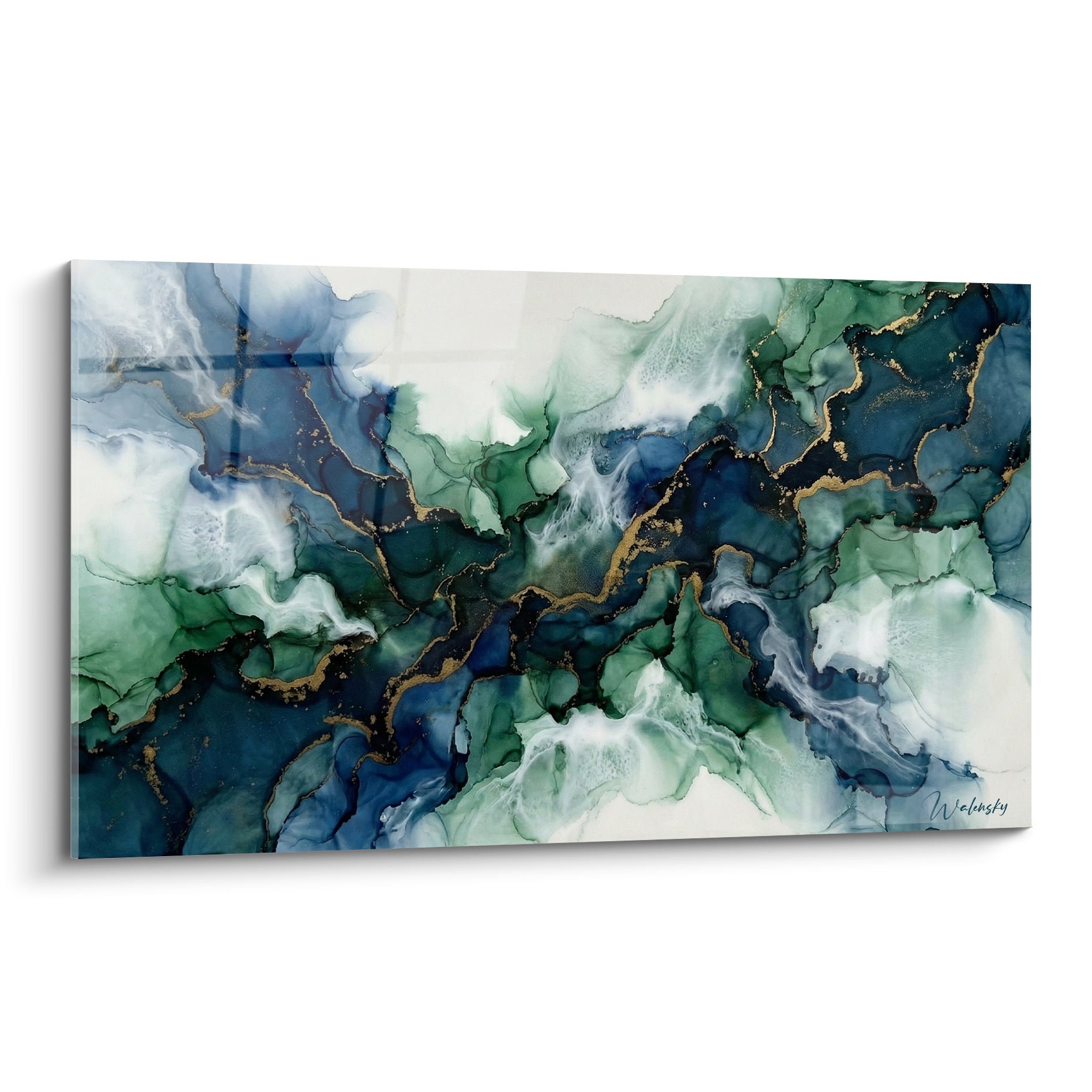 Marbrure abstraite moderne bleu marine et vert sauge veinée d'or, effet liquide et lumineux
