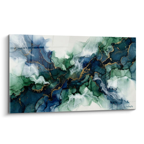 Tableau Marbrure bleu et vert veinée d'or - Courant des profondeurs - Edition abstrait moderne