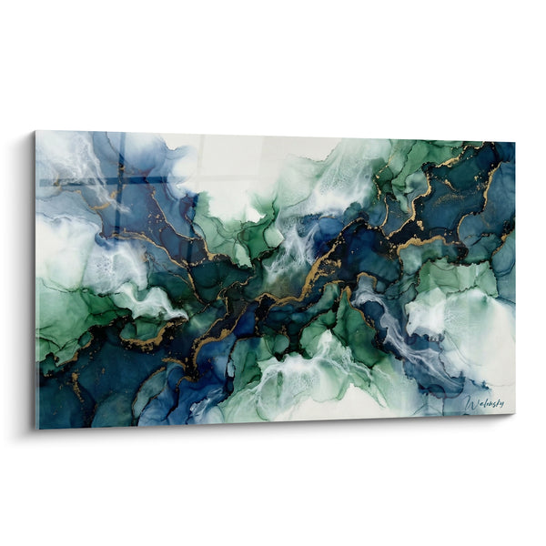 Tableau Marbrure bleu et vert veinée d'or - Courant des profondeurs - Edition abstrait moderne