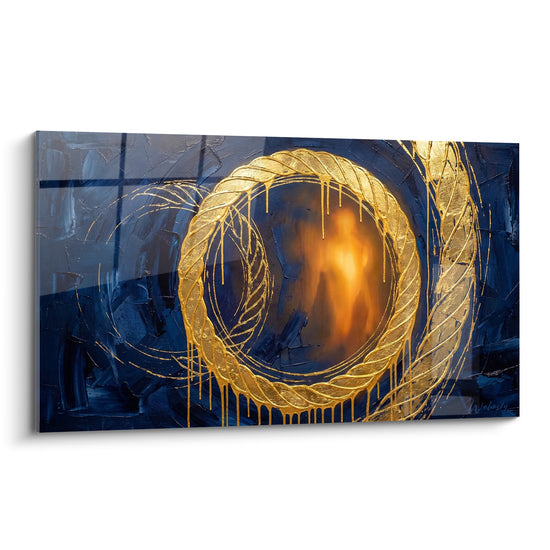 Tableau Cercle doré aux coulures bleu marine et or - Portail lumineux - Edition abstrait moderne