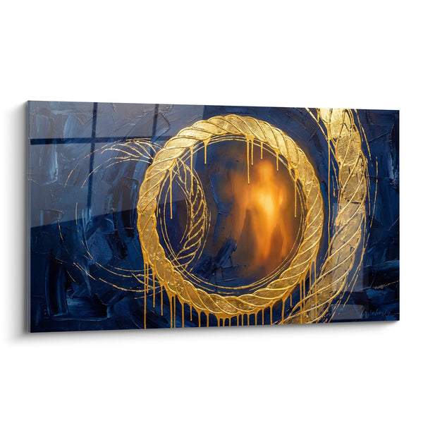 Tableau Cercle doré aux coulures bleu marine et or - Portail lumineux - Edition abstrait moderne