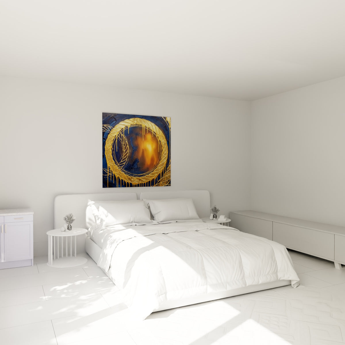 Cercle doré texturé et lueur orangée centrale au-dessus d'un lit dans une chambre claire