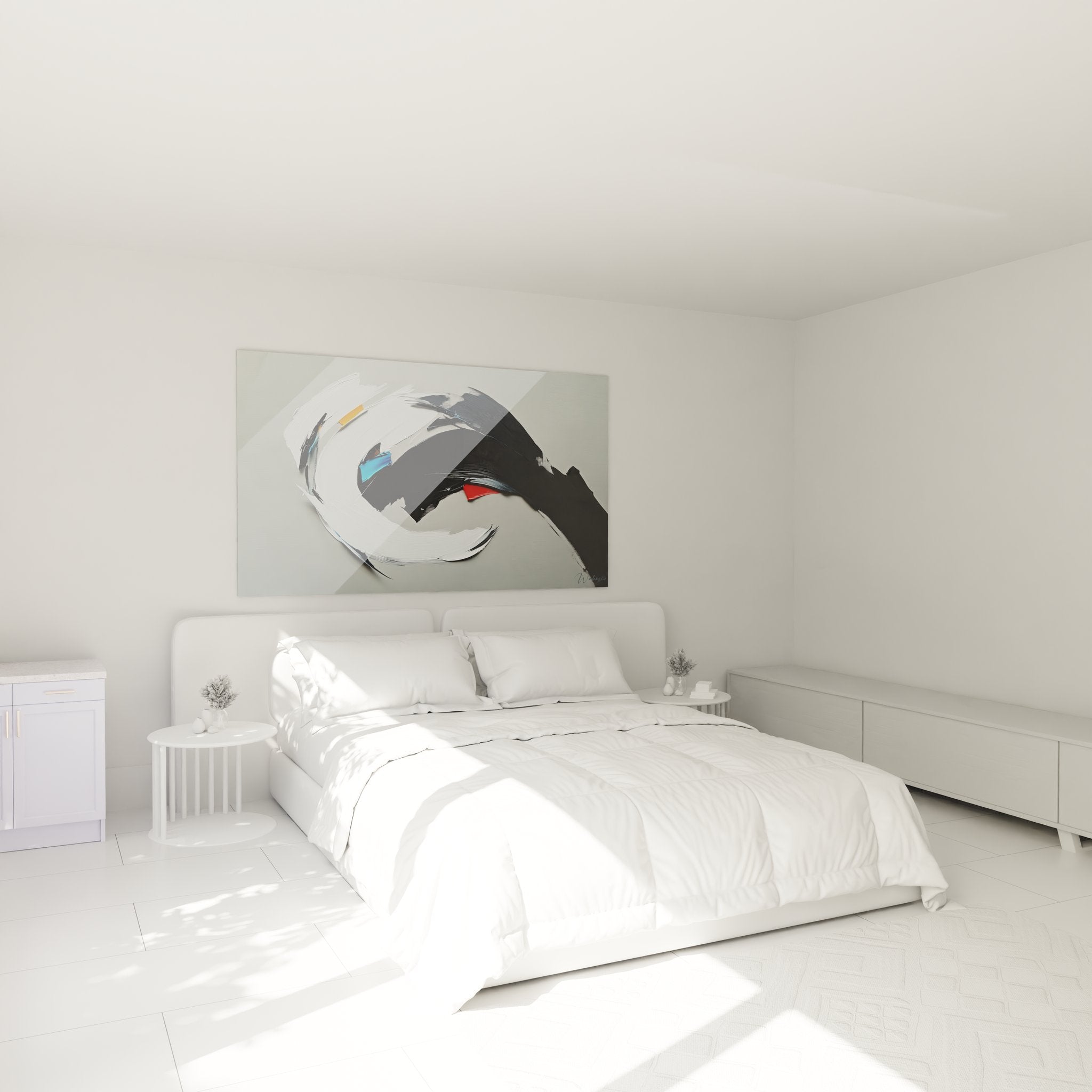 Tableau abstrait moderne dans chambre contemporaine avec décoration murale élégante et minimaliste