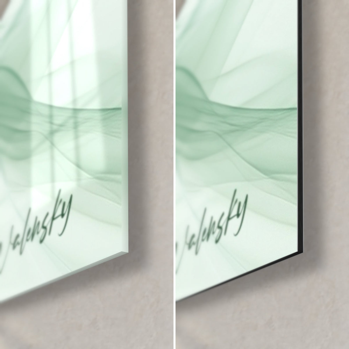 Tableau tourbillons de fumée vert sauge, signature Walensky, coin bas droit : verre brillant et reflets, Dibond blanc mat, tranche noire
