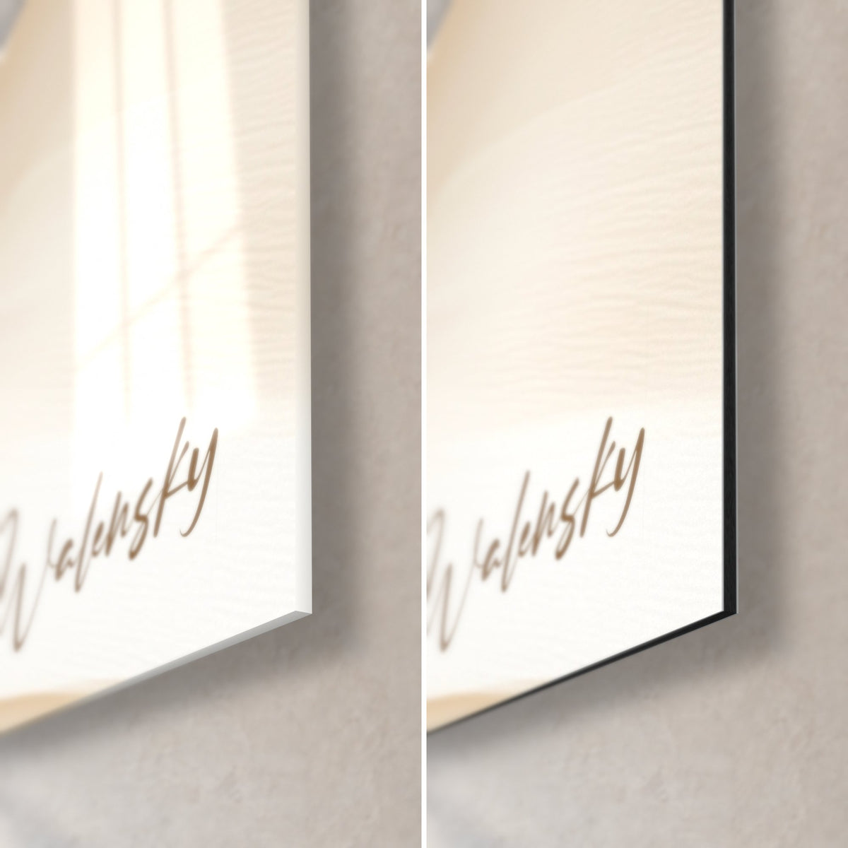 Tableau voiles abstraits crème et beige, coin bas droit : verre acrylique brillant à gauche, Dibond mat noir à droite