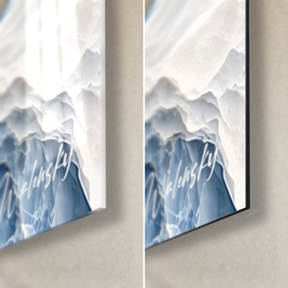 Tableau roche glacée bleu acier et blanc nacré, coin bas droit : verre brillant et reflets, Dibond mat, tranche de 3 mm