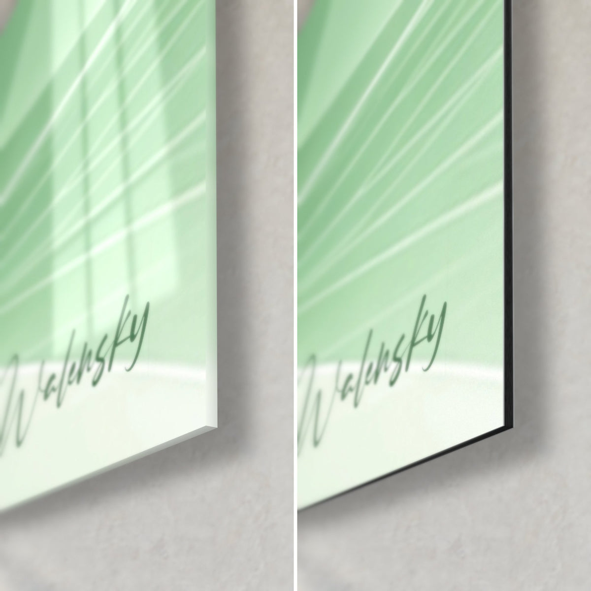 Tableau vagues de soie vert amande et blanc, coin bas droit, verre acrylique brillant à gauche, Dibond mat noir à droite, tranche de 3 mm