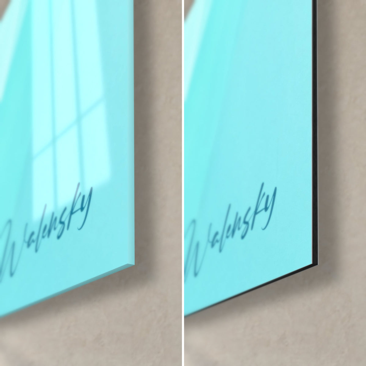 Tableau ondulations turquoise clair, coin bas droit : verre brillant à reflets, Dibond noir mat, tranche de 3 mm