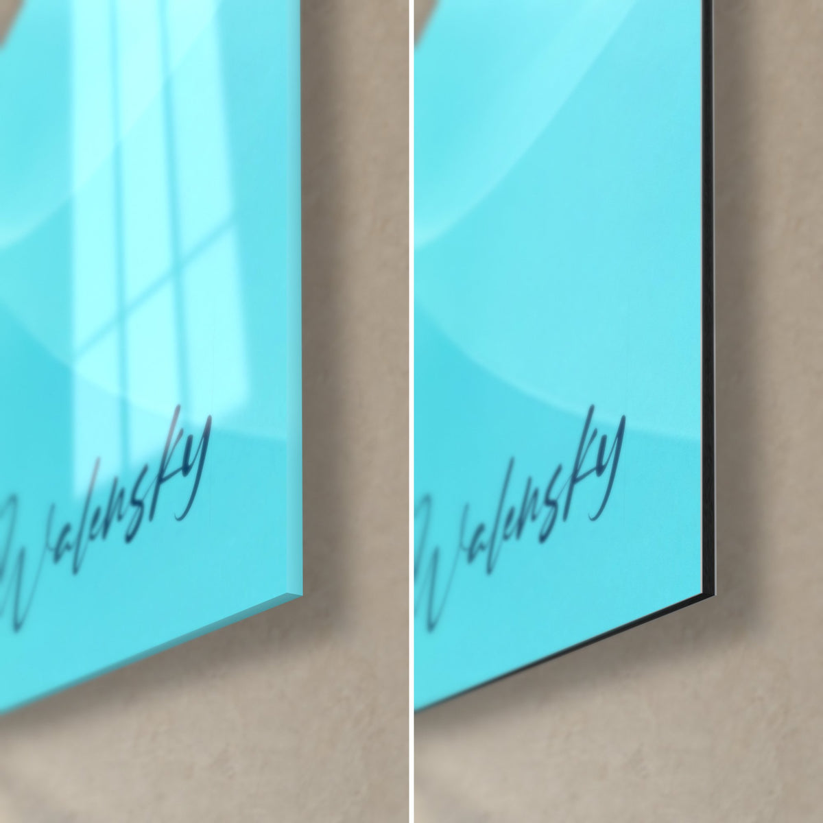 Tableau voiles d'eau turquoise, coin bas droit : verre brillant aux reflets de fenêtre, Dibond noir mat, tranche de 3 mm
