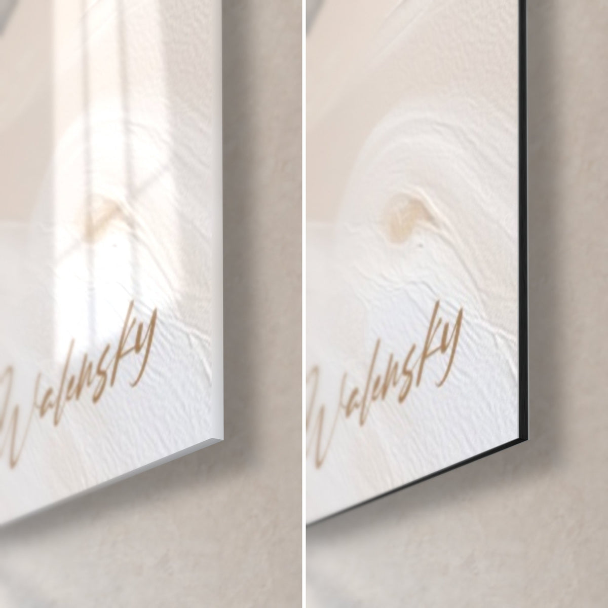 Schilderij met gemarmerde kolkingen in crème en goud, rechtsonder: glanzend acrylglas links, mat zwart Dibond rechts, 3 mm dikte