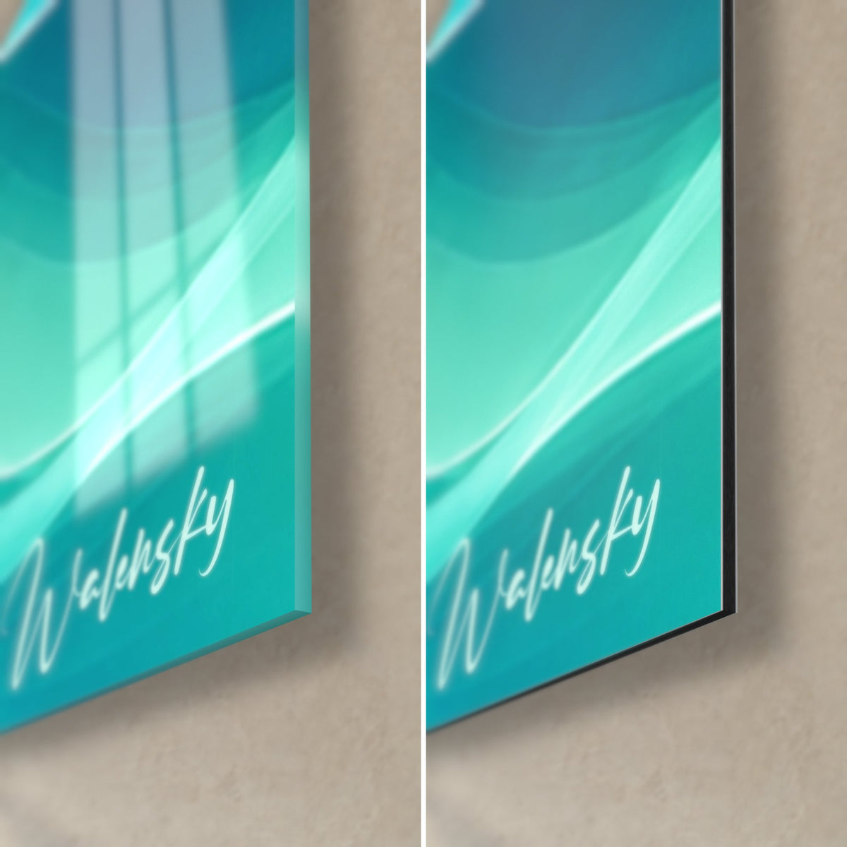 Tableau vagues fluides azur et menthe, coin bas droit, signature Walensky, verre brillant et Dibond mat noir