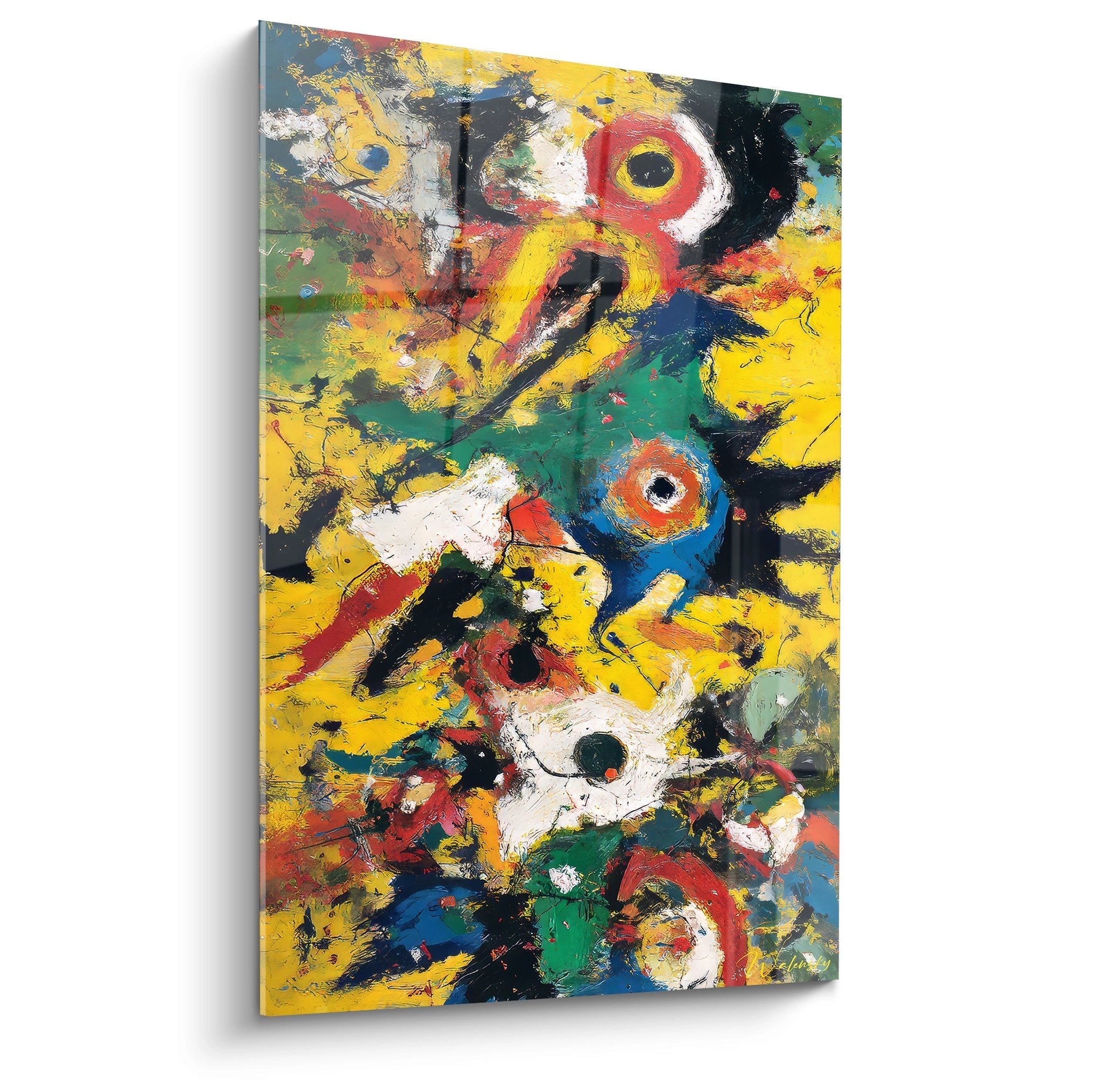 Tableau abstrait moderne aux couleurs vives avec composition dynamique jaune bleu rouge