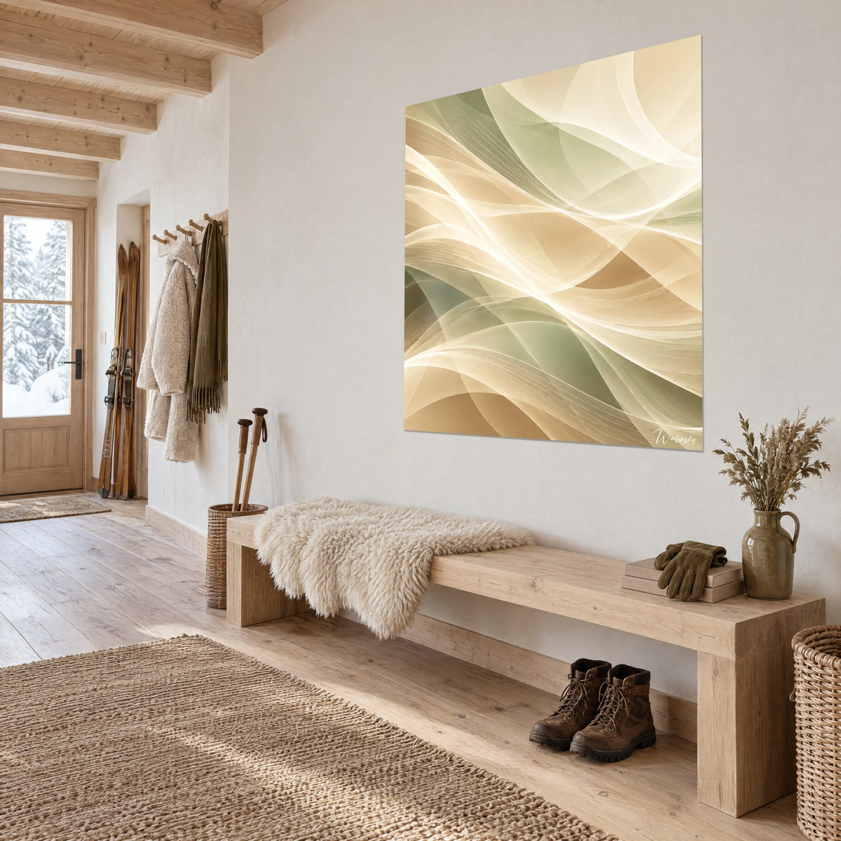 Tableau courbes fluides beige doré et vert sauge, reflets nacrés ivoire, sur un mur blanc de chalet en bois clair