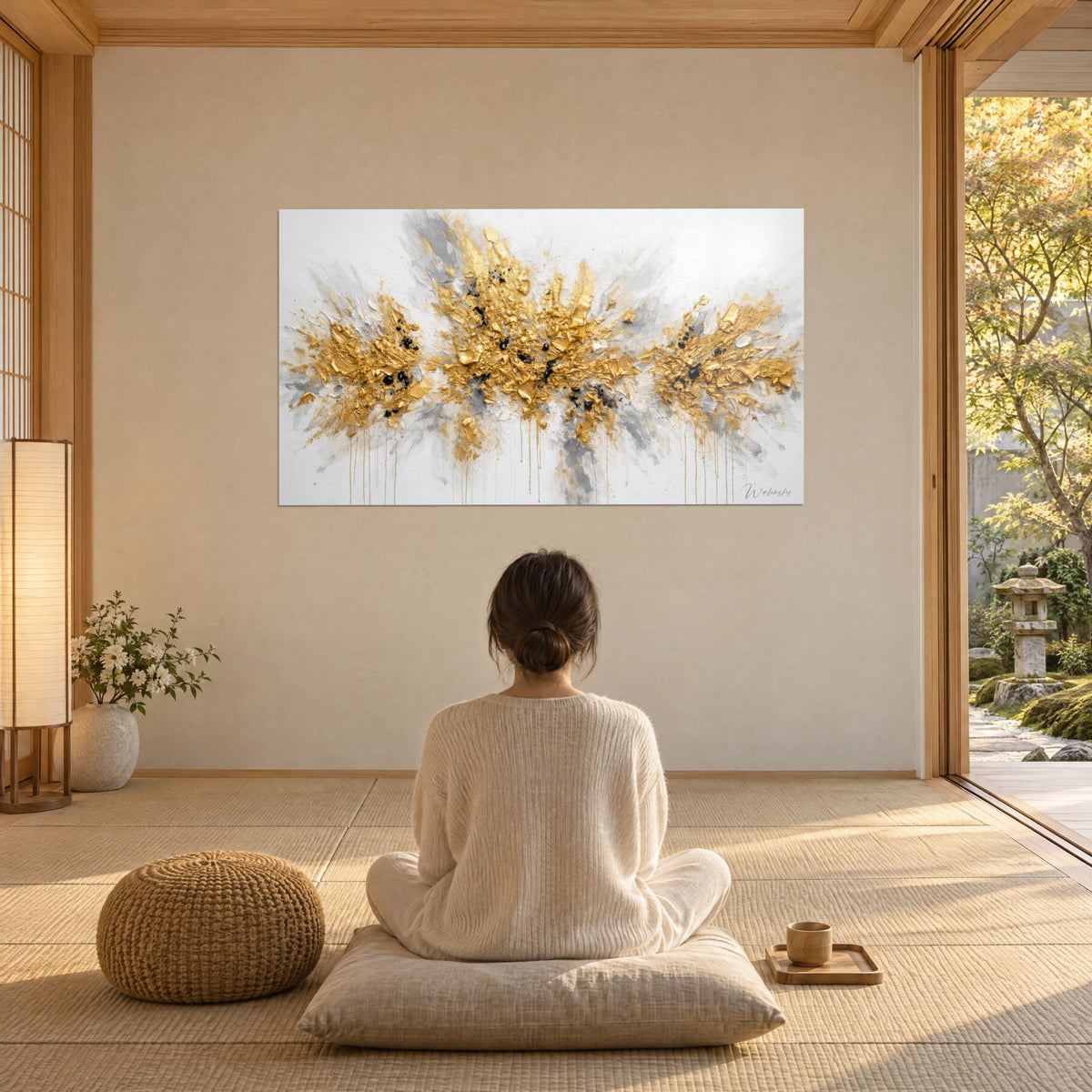 Cuadro con estallido dorado y gris ceniza sobre blanco, finos chorreados verticales, mujer de espaldas meditando frente a un jardín japonés