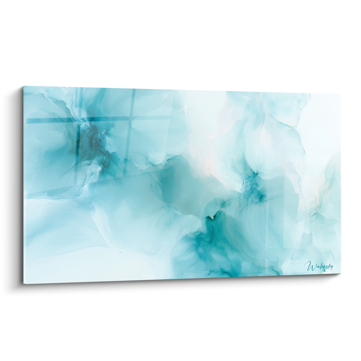 Tableau abstrait moderne aux volutes turquoise et blanc nacré, texture d'encre fluide marine
