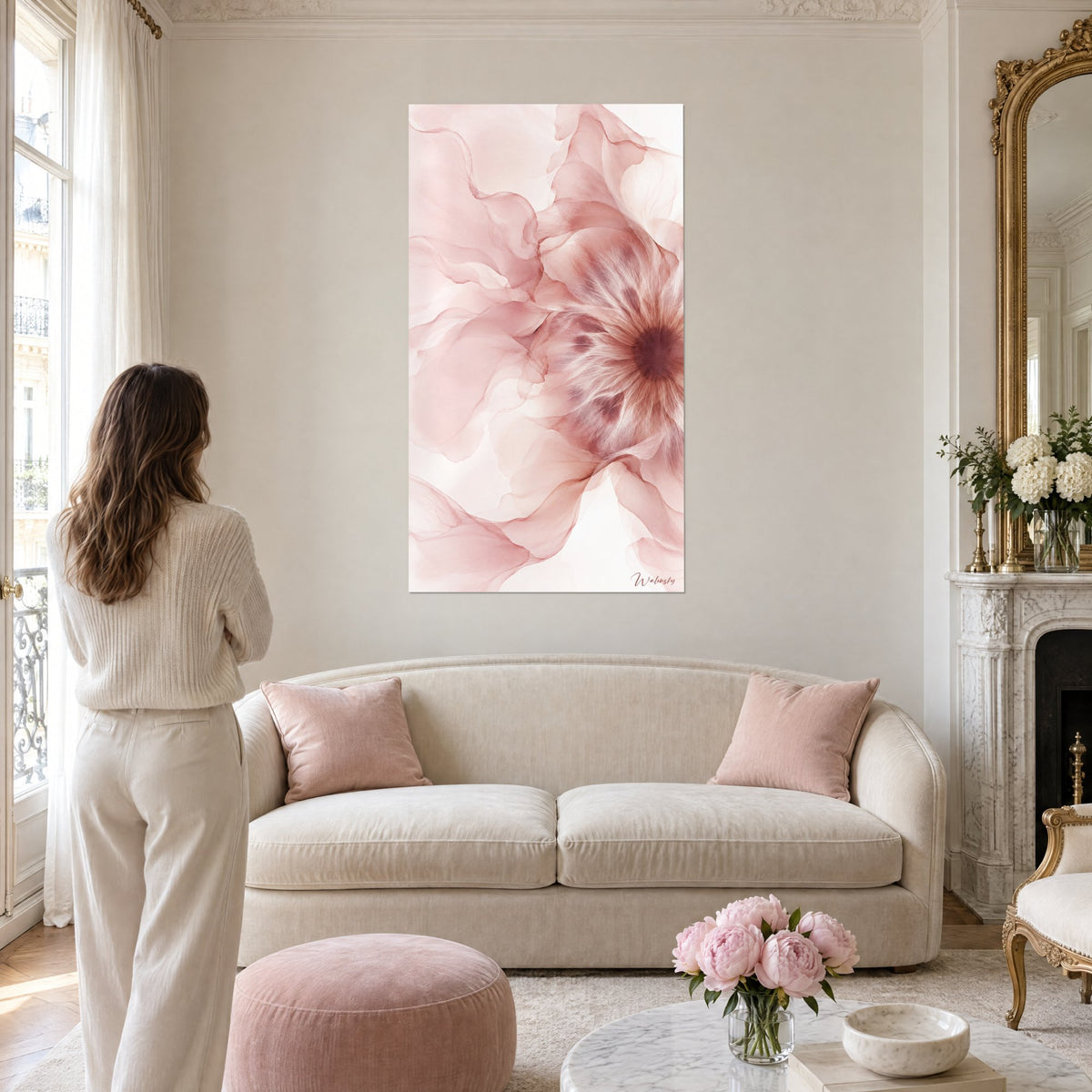 Tableau fleur éclatée aux pétales de voile rose poudré et blanc crème, au-dessus d'un canapé dans un salon lumineux