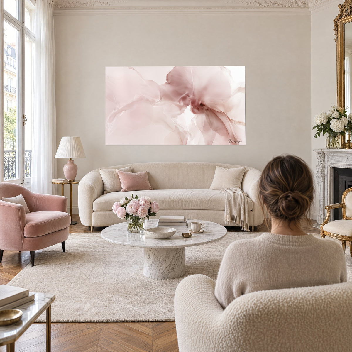 Quadro corolla diafana rosa cipria e bianco madreperlaceo, petali di velo fluttuanti, sopra un divano in un salotto luminoso