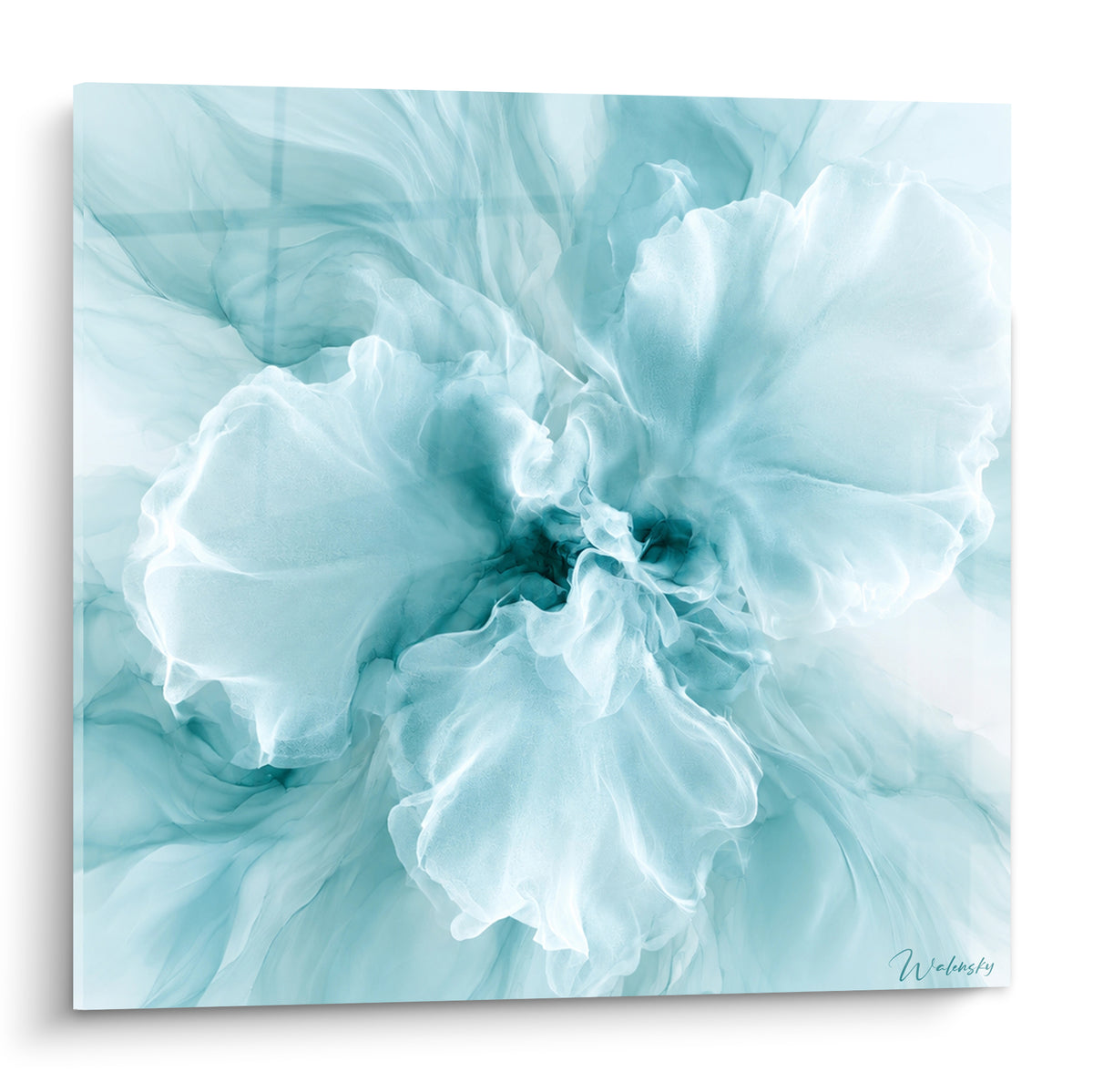 Tableau fleur éthérée turquoise et blanc aux pétales vaporeux et veines anthracite profondes