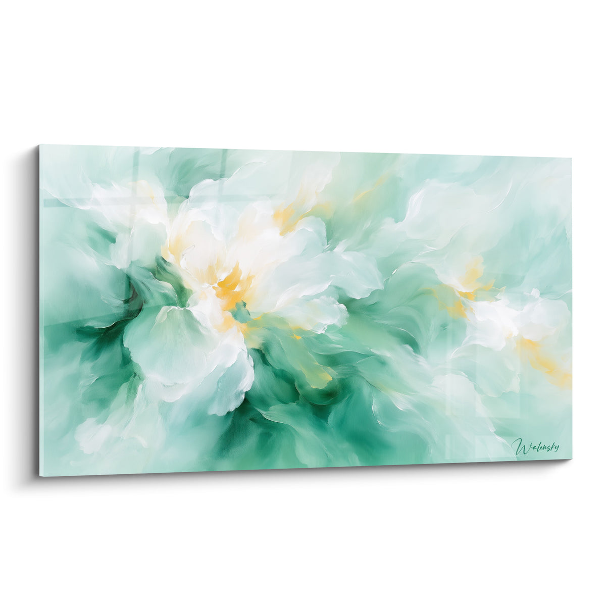 Tableau fleur abstraite aux pétales blancs et vert émeraude avec touches ocre dorées