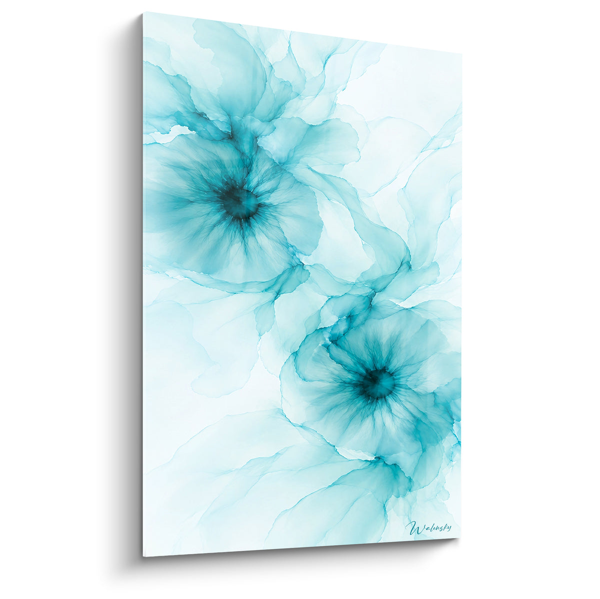 Tableau abstrait moderne turquoise aux fleurs d'encre sur fond blanc nacré en plein cadre