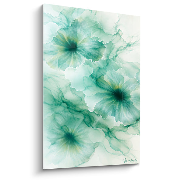 Tableau Fleurs encre vert émeraude et blanc - Brume florale - Edition abstrait moderne