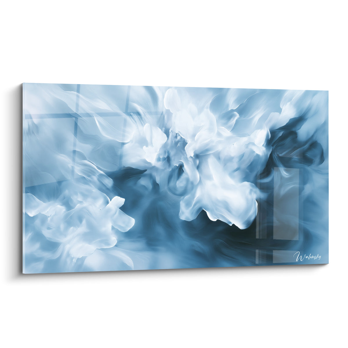 Tableau fumée bleu marine et blanc en volutes suspendues, composition abstrait moderne fluide