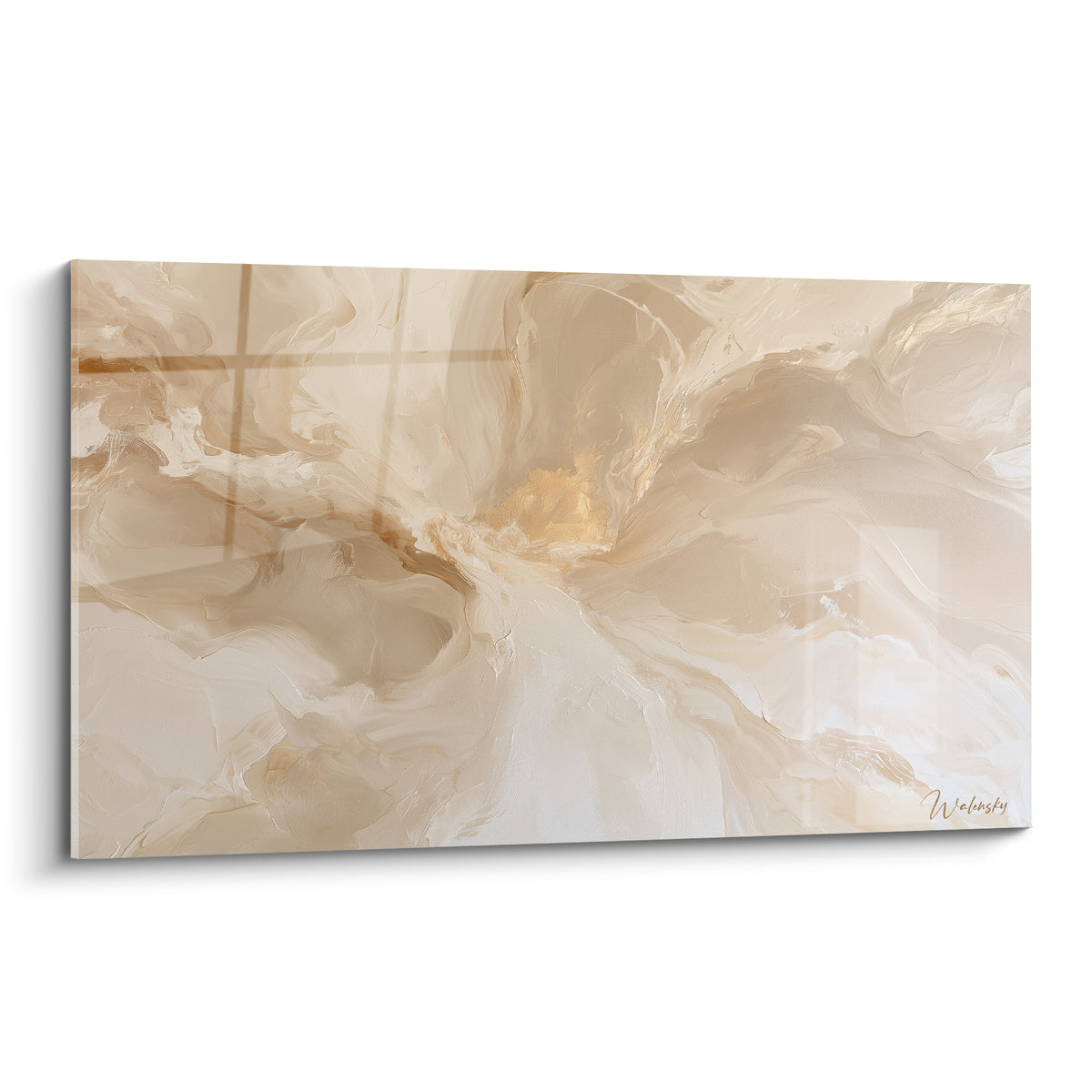 Tableau abstrait moderne aux volutes beige et dorées, effet marbre fluide en plein cadre