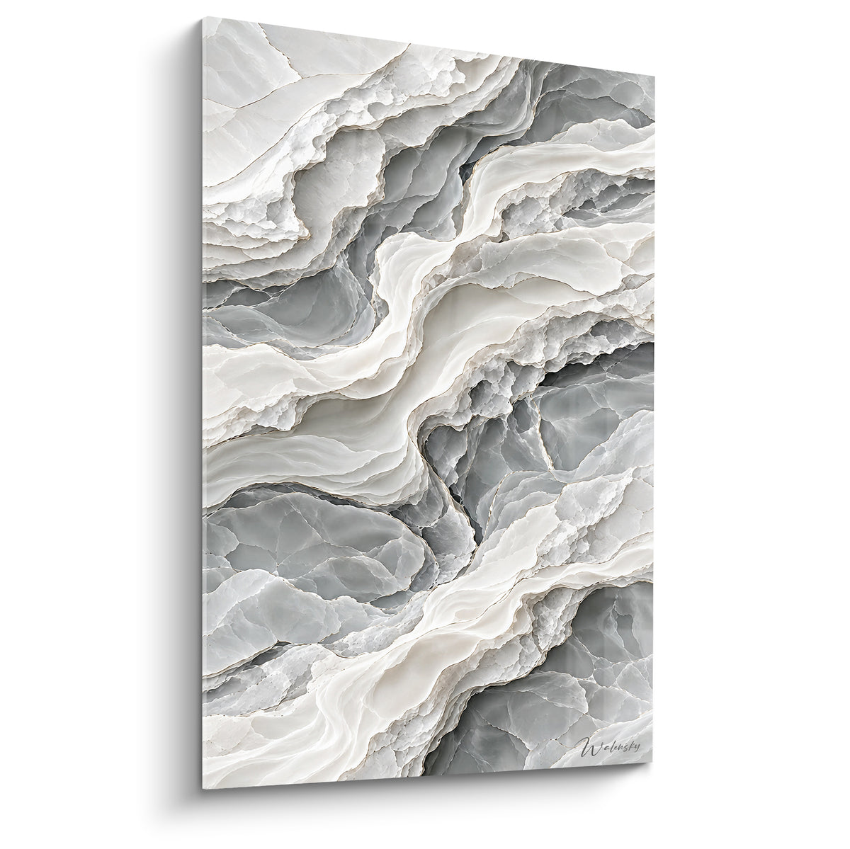 Tableau marbre gris anthracite et blanc nacré aux veines sinueuses, vue d'angle sur cadre toilé