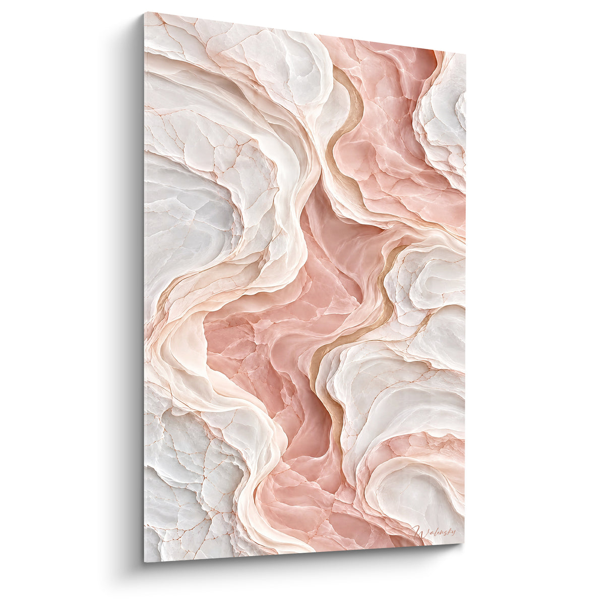 Tableau marbre rose et blanc aux veines sculptées, texture minérale raffinée en plein cadre
