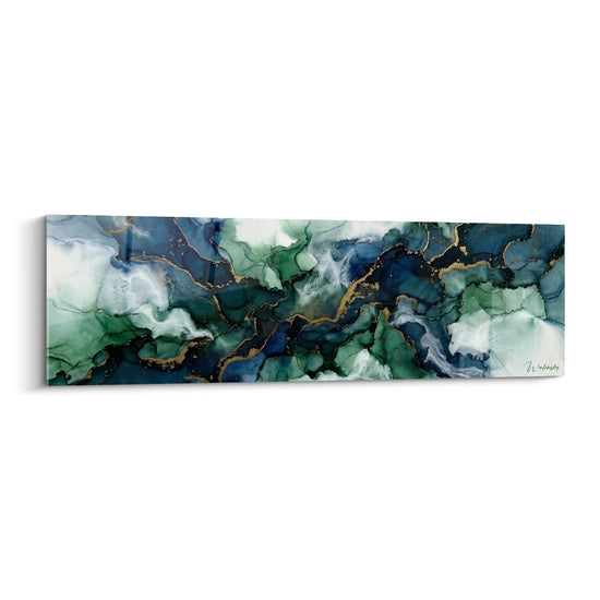 Tableau Marbrures bleu marine et vert émeraude dorées - Courants profonds - Edition abstrait moderne