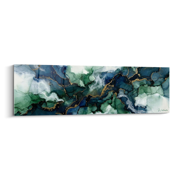 Tableau Marbrures bleu marine et vert émeraude dorées - Courants profonds - Edition abstrait moderne