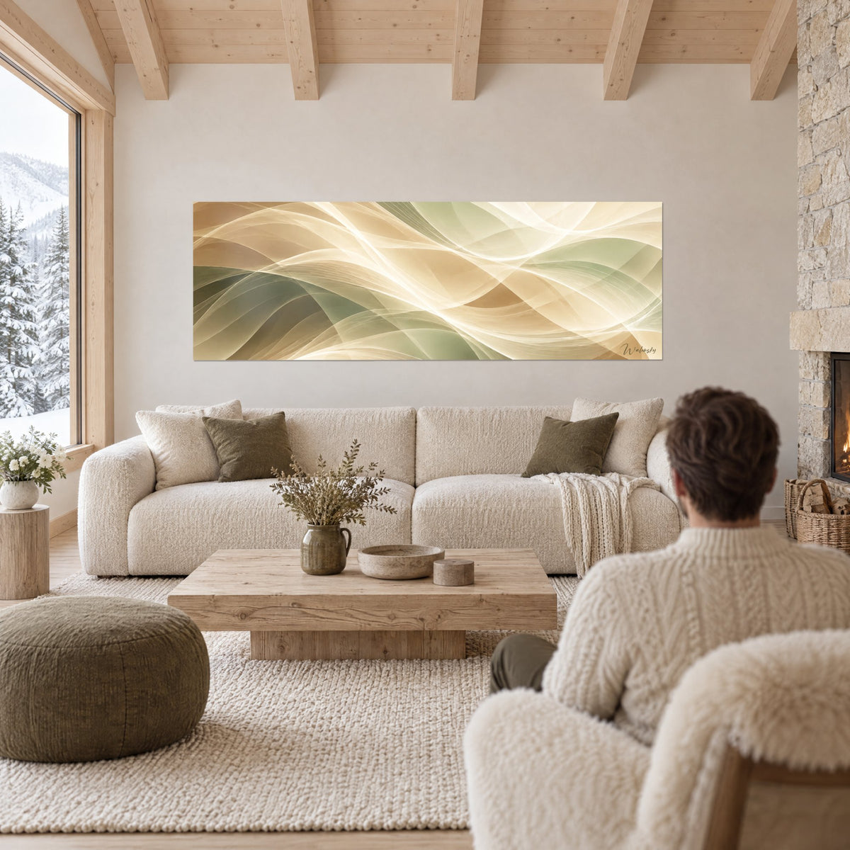 Tableau rubans de soie entrelacés beige doré et vert olive, panoramique, au-dessus d'un canapé dans un salon lumineux