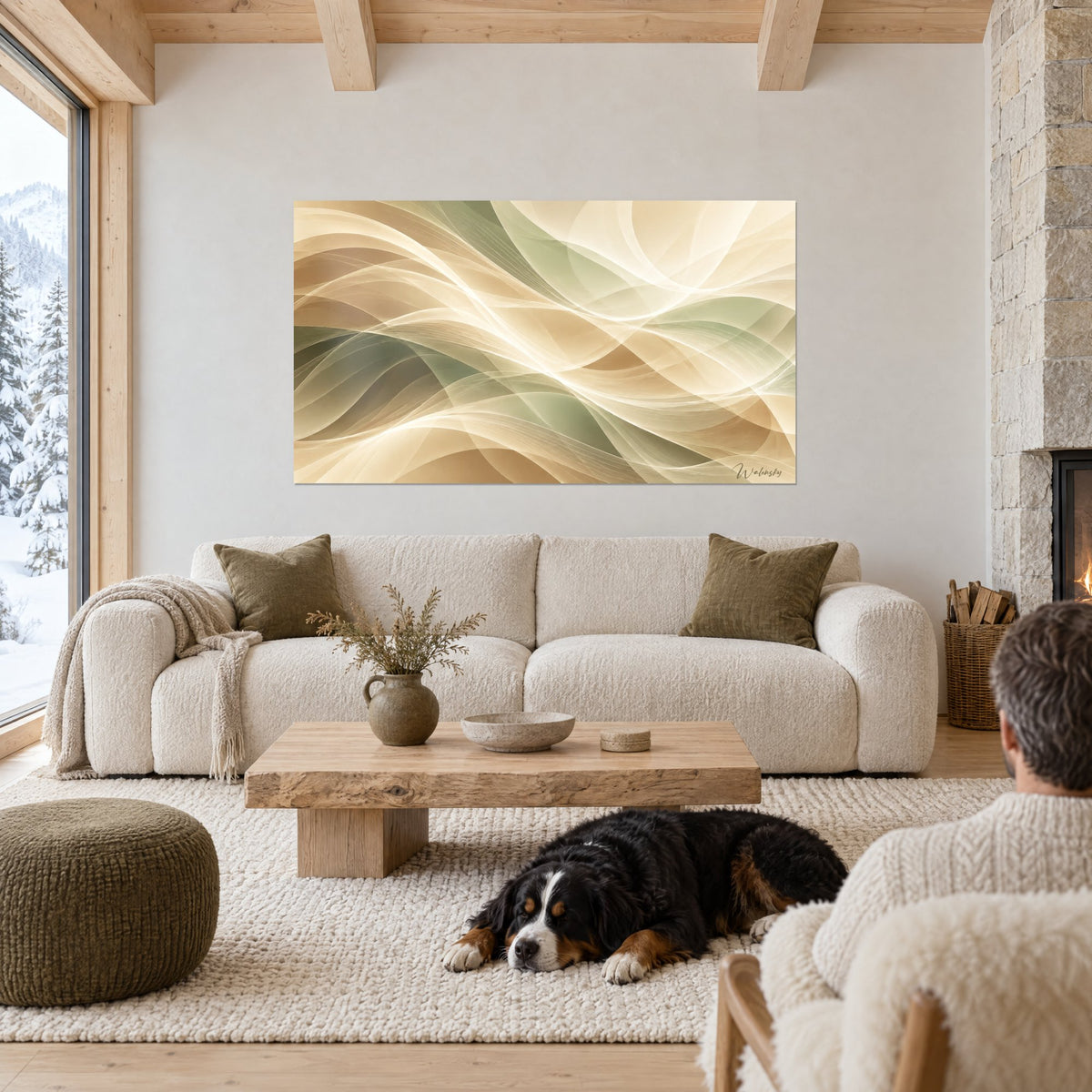 Tableau rubans fluides beige et vert olive croisés, voile lumineux, au-dessus d'un canapé dans un salon lumineux