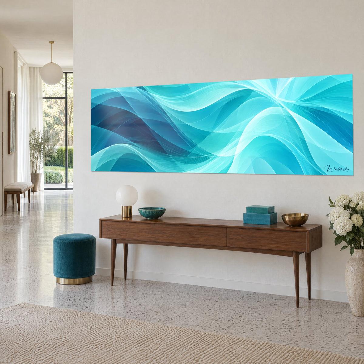 Tableau rubans ondulants cyan et bleu pétrole, tourbillon clair en haut à droite, sur un buffet en noyer, salon années 50