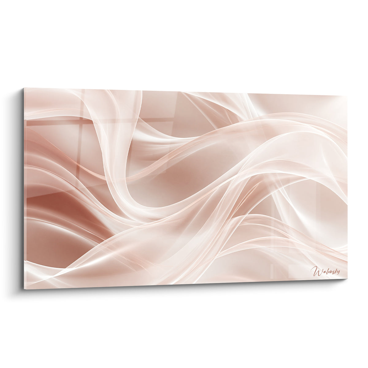 Tableau abstrait moderne rubans rose poudré et blanc nacré ondulant en plein cadre lumineux