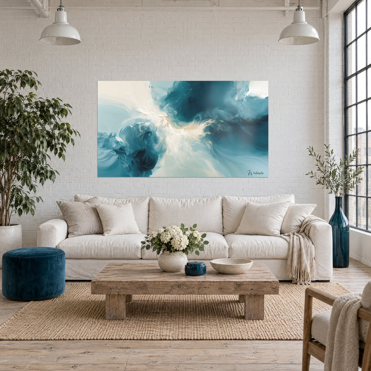 Tableau nuées fluides bleu sarcelle et ivoire, voile crémeux au centre, au-dessus d'un canapé dans un salon lumineux
