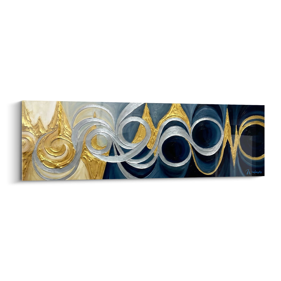Tableau Vagues spiralées bleu marine et doré - Marée dorée - Edition abstrait moderne
