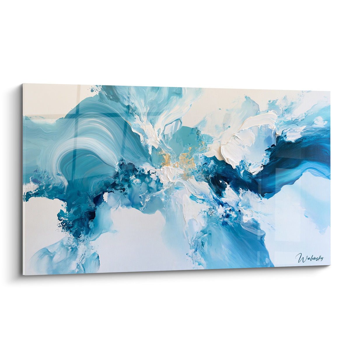 Tableau vague turquoise et blanc nacré aux éclats dorés sur fond crème lumineux