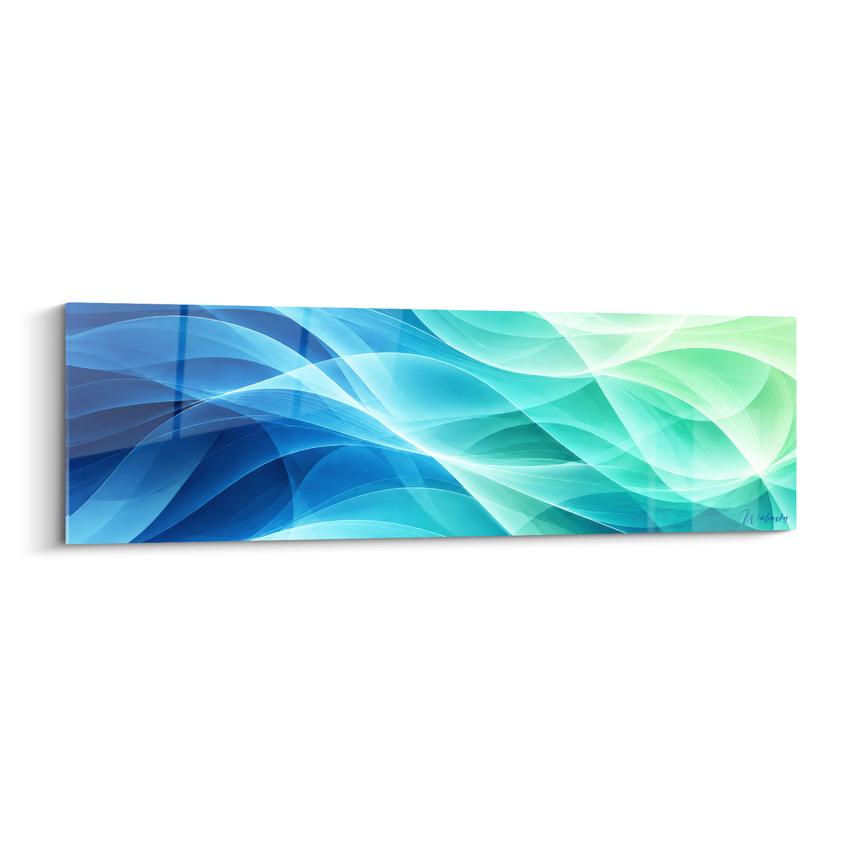 Tableau vagues fluides bleu marine et vert menthe entrelacées en plein cadre lumineux