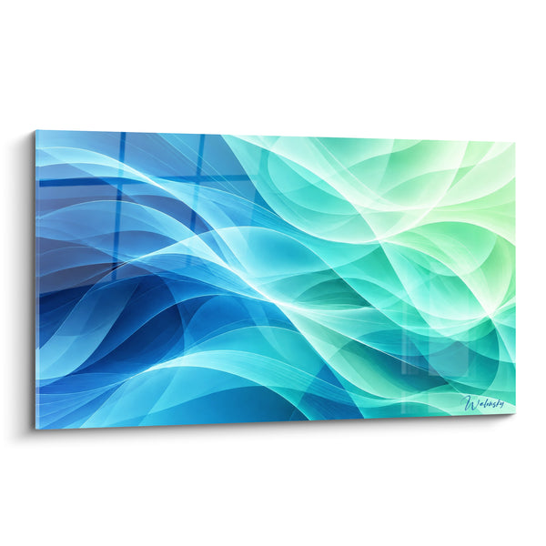 Tableau Vagues fluides bleu cobalt et vert menthe entrelacées - Diagonale lumineuse scindée - Edition abstrait moderne