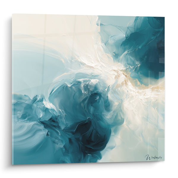 Tableau Vagues tourbillonnantes bleu sarcelle et crème - Souffle marin - Edition abstrait moderne