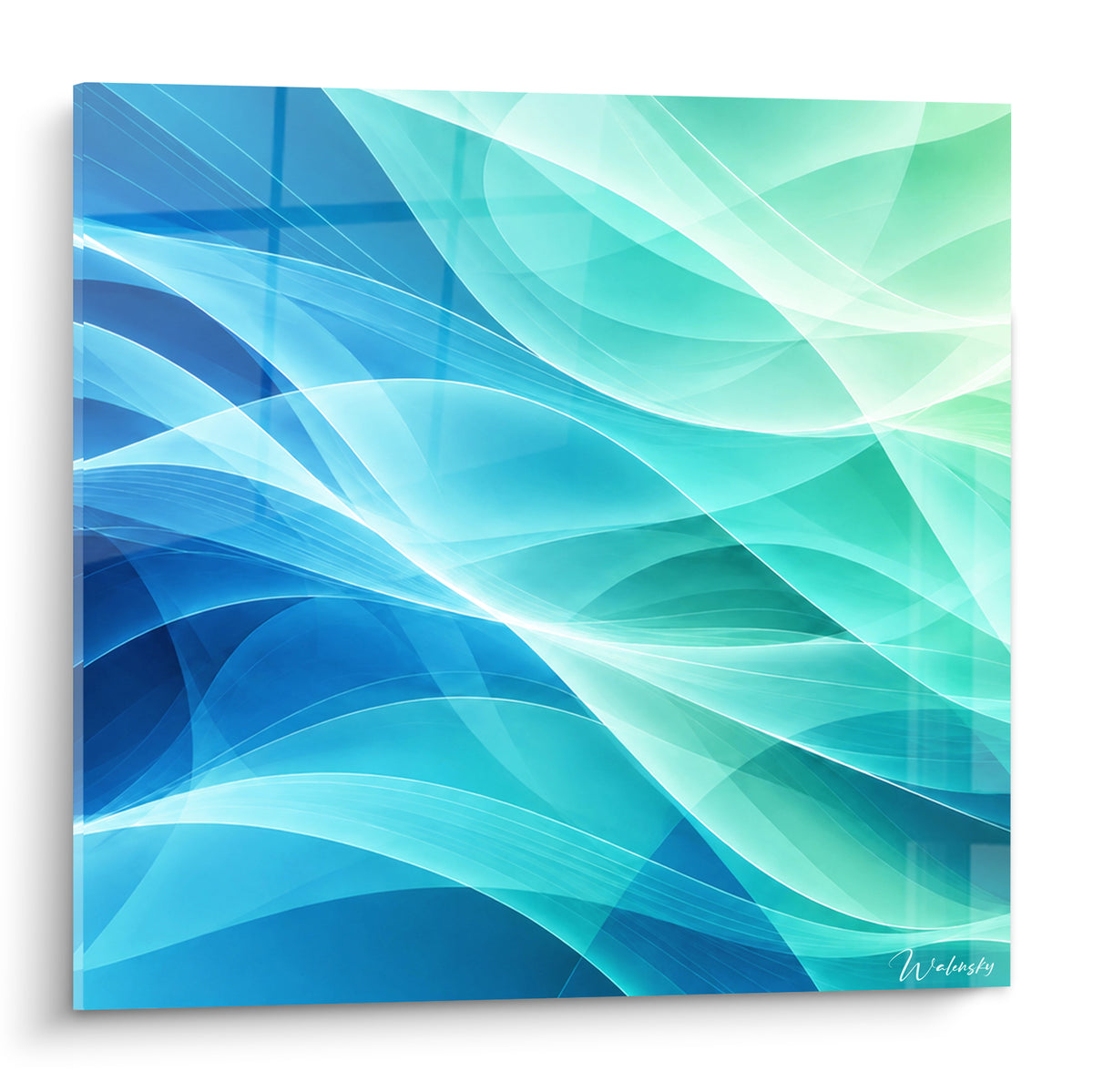 Tableau abstrait moderne vagues bleu turquoise et vert menthe aux courbes fluides lumineuses